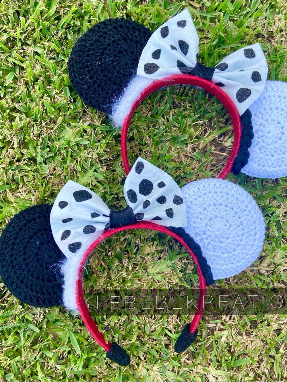 Crochet Dalmatian Spot Kids Headband Ears with Red Band made by me